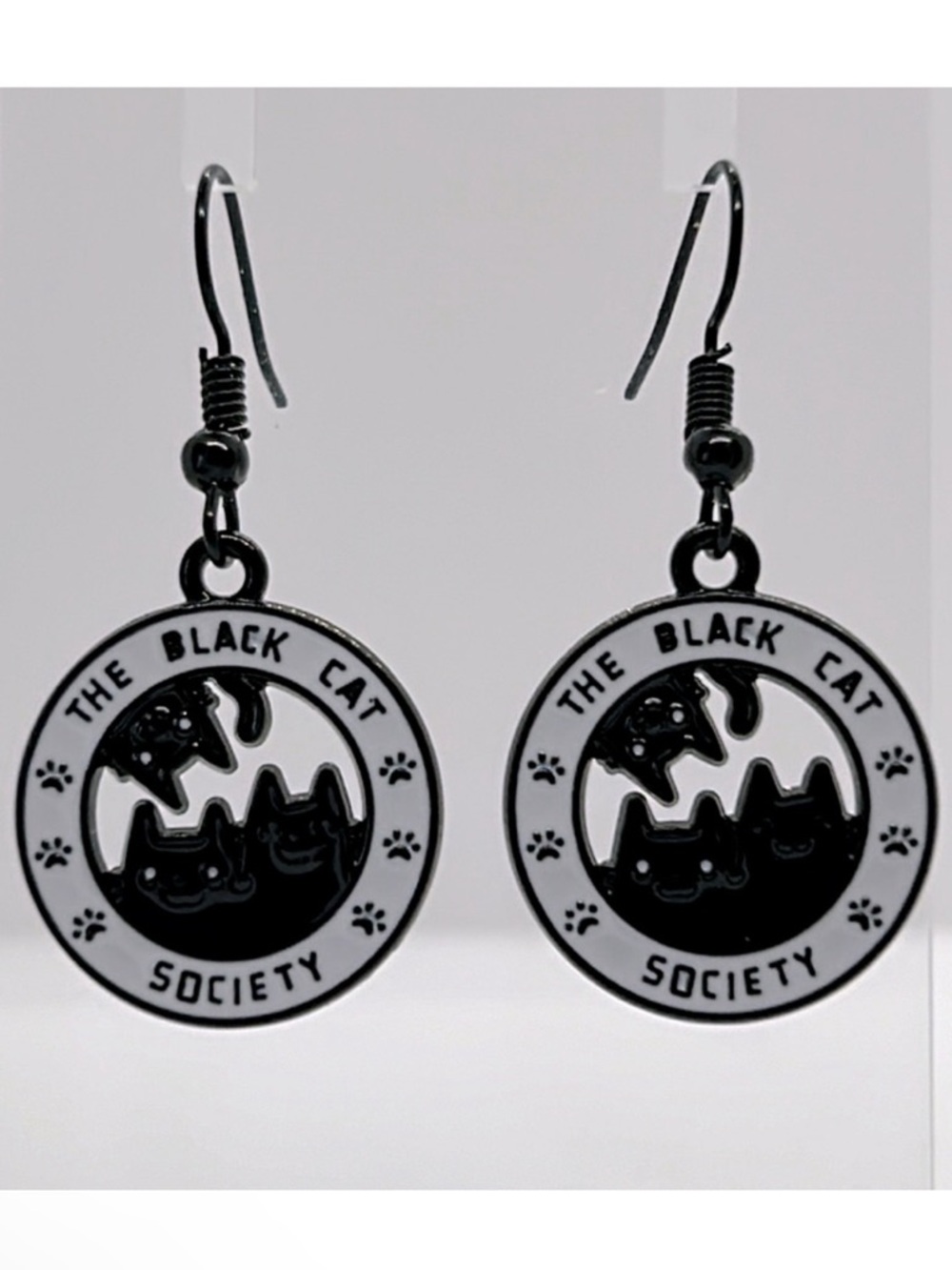 Enamel Cat “The Black Cat Society” Dangle Earrings